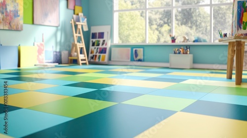 An artist's studio with colorful vinyl flooring, each tile in a different shade of blue, green, and yellow, forming a vibrant patchwork design.