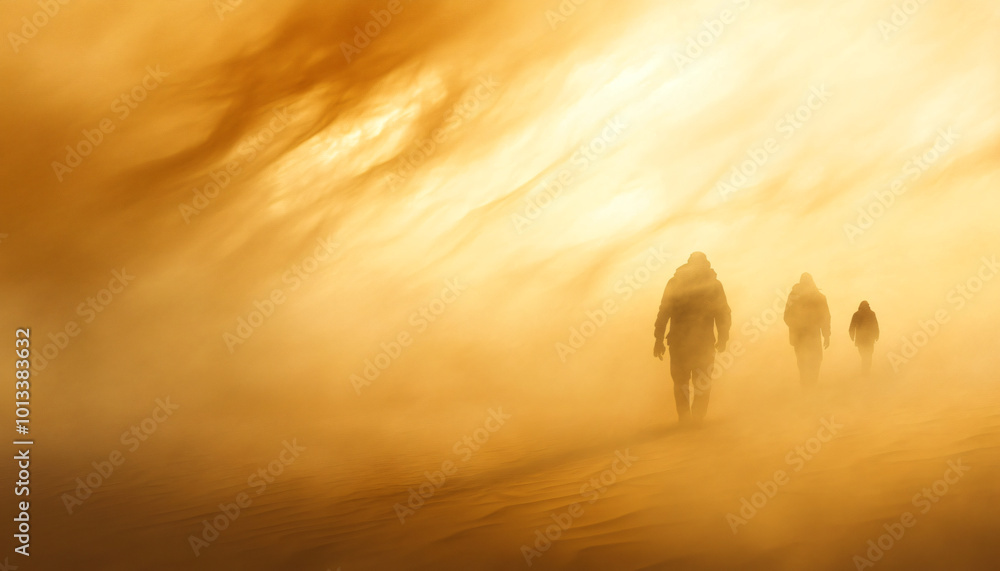 Fototapeta premium Capture people walking through a desert during a mild sandstorm, using the wind-blown sand to obscure parts of their bodies and faces for a raw, elemental atmosphere