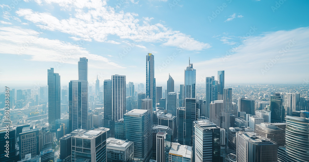 Obraz premium Aerial View of City Skyline and Skyscrapers Under Blue Sky and White Clouds