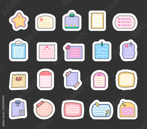 Blank note on paper. Sticker Bookmark. Reminder on the sheet. Hand drawn style. Vector drawing. Collection of design elements.