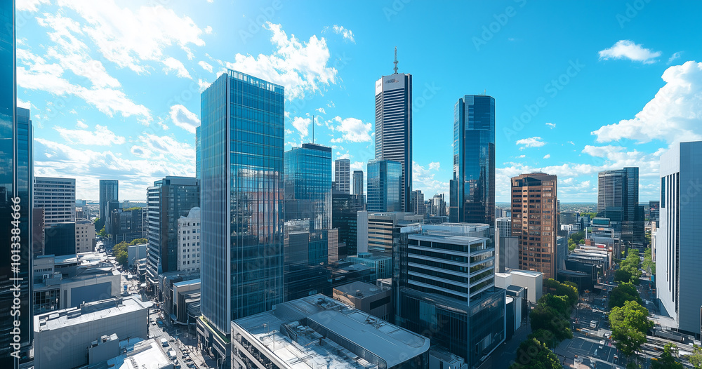 Fototapeta premium Aerial View of City Skyline and Skyscrapers Under Blue Sky and White Clouds