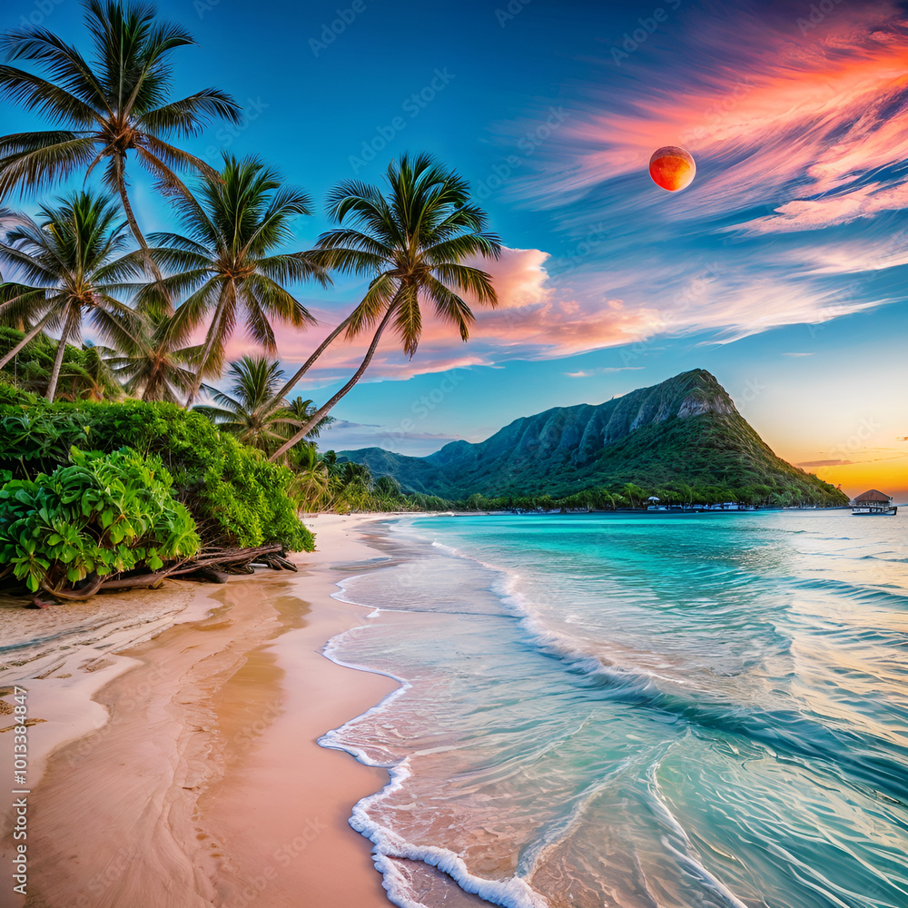 Naklejka premium spend your holidays on paradisiacal beaches with lush nature, clear waters, deserted beaches, stroll, do tourism.