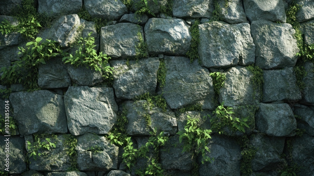 Crumbling stone wall made of ancient rocks, with moss and plants growing in the cracks Crumbling stone wall made of ancient rocks, with moss and plants growing in the cracks