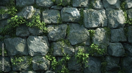 Crumbling stone wall made of ancient rocks, with moss and plants growing in the cracks