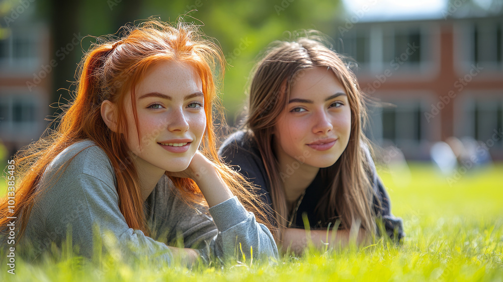 two 18-year-old girls, one redhead and one brunette, are lying on the lawn of their university two 18-year-old girls, one redhead and one brunette, are lying on the lawn of their university