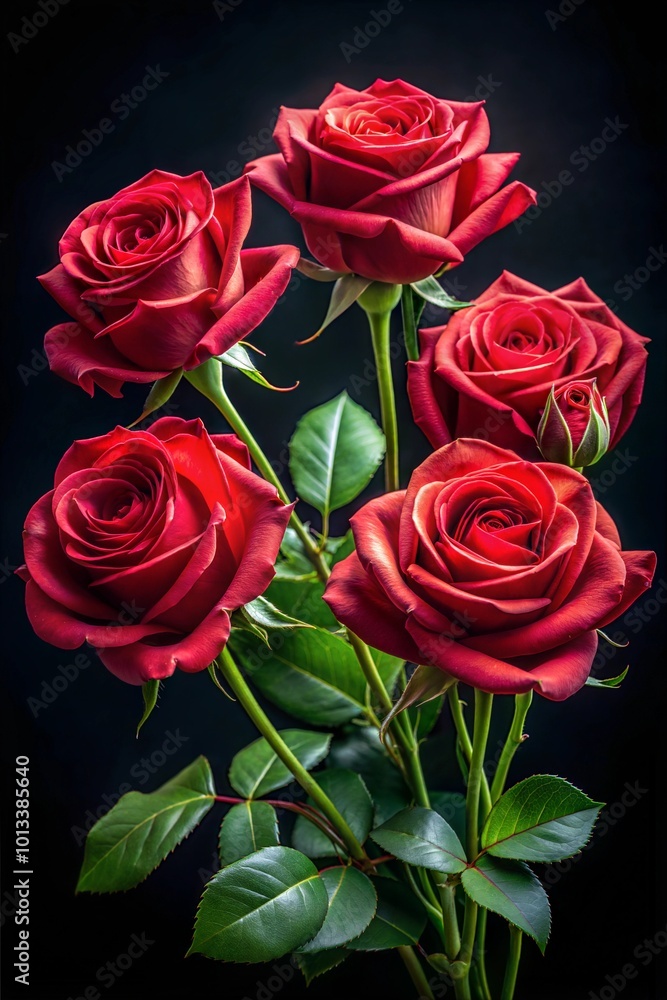 A bouquet featuring five stunning red roses with velvety petals, arranged gracefully with rich green leaves. The contrast against the dark background emphasizes their beauty. Generative AI A bouquet featuring five stunning red roses with velvety petals, arranged gracefully with rich green leaves. The contrast against the dark background emphasizes their beauty. Generative AI