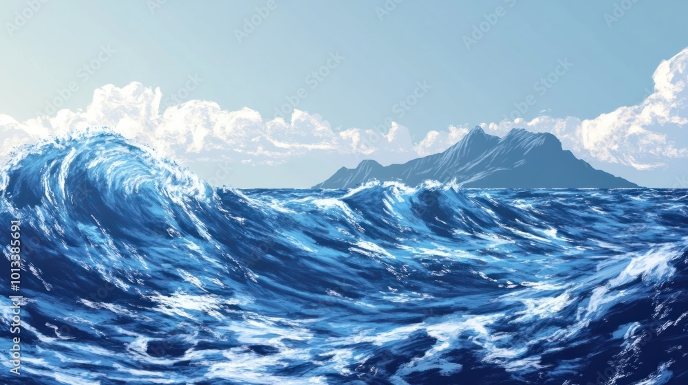 custom made wallpaper toronto digitalDeep blue ocean waves moving rhythmically toward a remote island coastline, under a clear sky