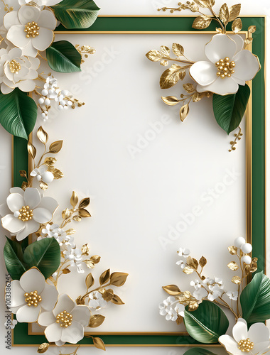 3D white frame with green and gold decoration, with paper flowers, 20K resolution, white background design, golden elements, emerald accents, elegant style design, high detail design,