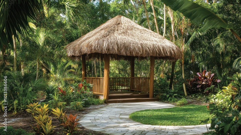 Tropical Gazebo in Lush Garden Tropical Gazebo in Lush Garden