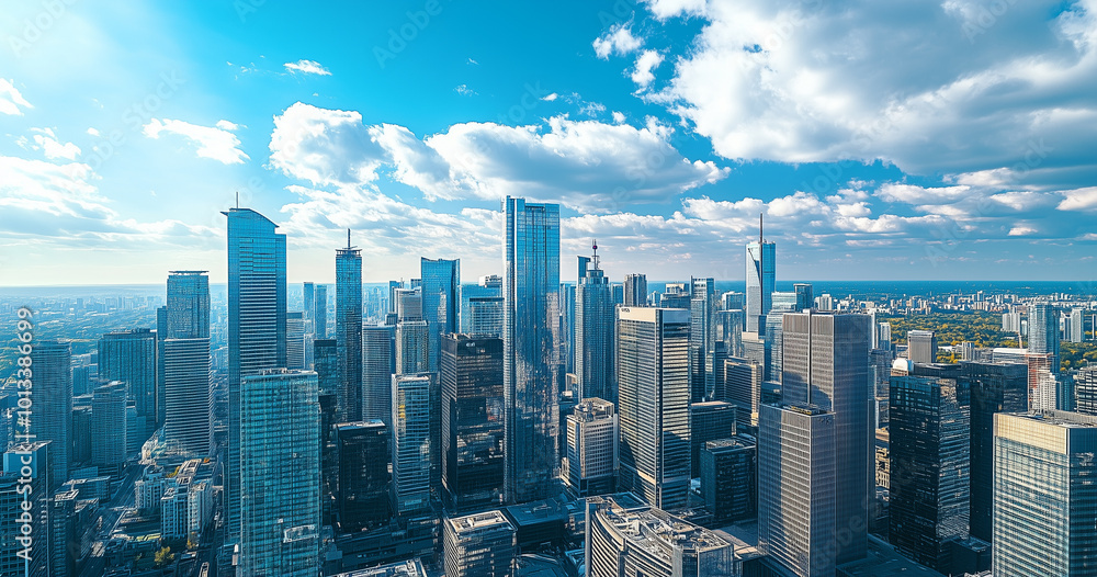 Aerial View of City Skyline and Skyscrapers Under Blue Sky and White Clouds Aerial View of City Skyline and Skyscrapers Under Blue Sky and White Clouds