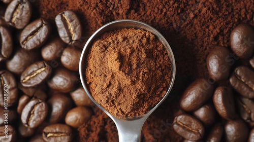  A close-up of ground coffee powder in a silver measuring spoon