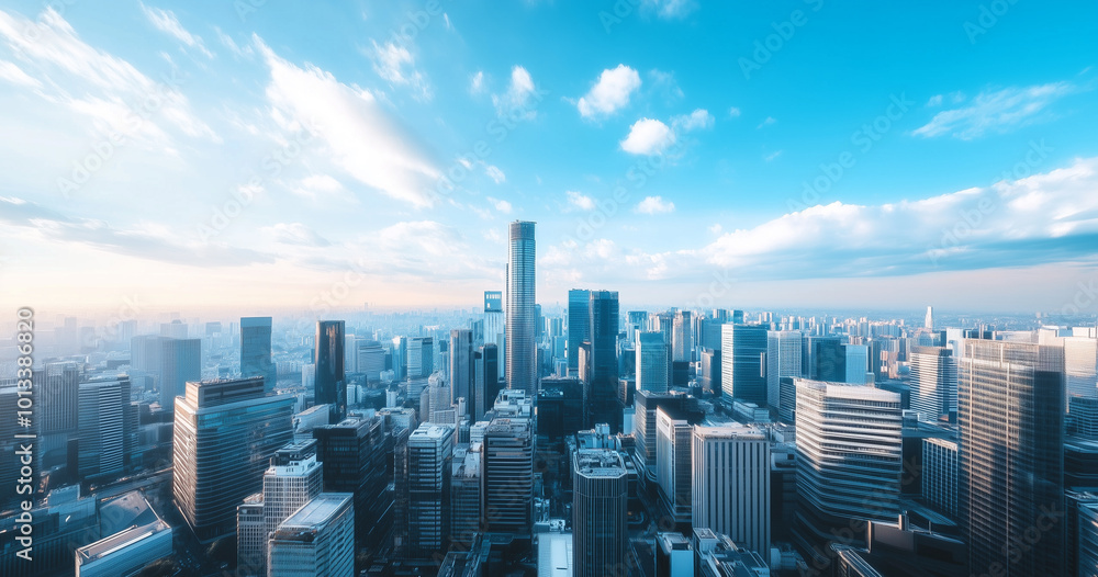 Obraz premium Aerial View of City Skyline and Skyscrapers Under Blue Sky and White Clouds