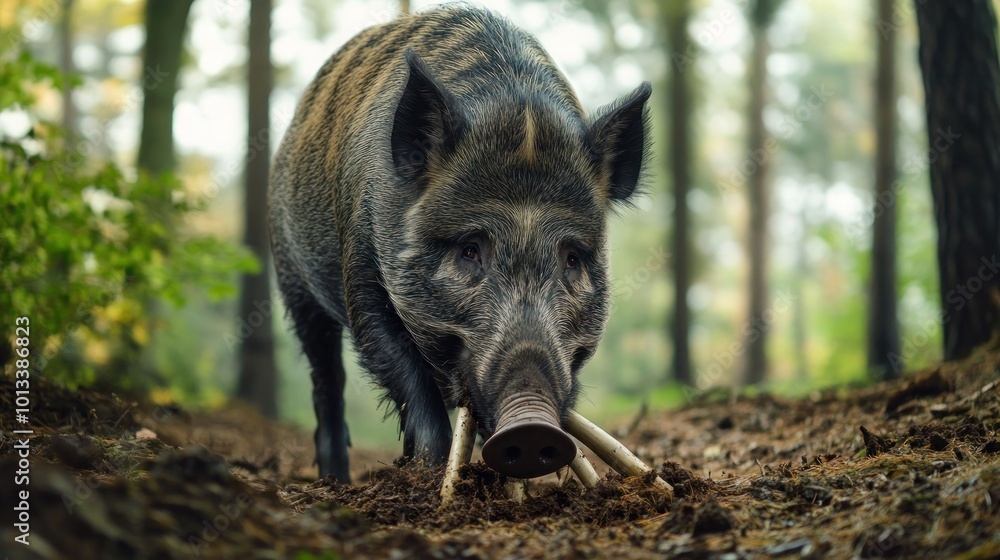 A wild boar digging through the forest floor for food, its tusks visible as it roots around. A wild boar digging through the forest floor for food, its tusks visible as it roots around.