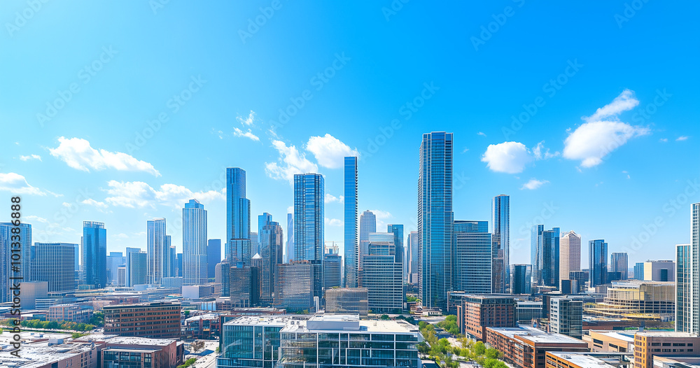 Fototapeta premium Aerial View of City Skyline and Skyscrapers Under Blue Sky and White Clouds