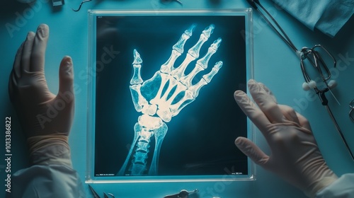 doctor reviewing a patient's hand x-ray film, focusing on the wrist and metacarpal bones, with the scan displayed on a lightbox; medical tools and surgical gloves nearby, suggesting pre-surgical plann photo