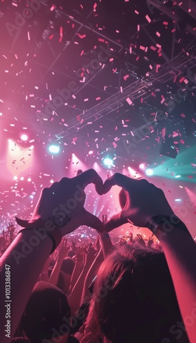 Heartfelt connection at a concert hands forming a heart amidst bright lights and lively atmosphere