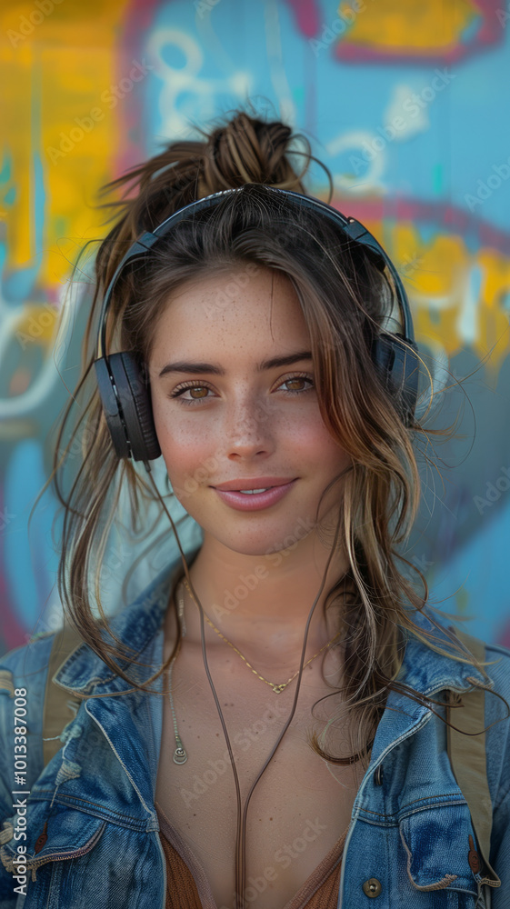 Close-up of a smiling young woman in her 20s with headphones, walking in the city, background artistically blurred, capturing the joy and energy of urban life, Close-up of a smiling young woman in her 20s with headphones, walking in the city, background artistically blurred, capturing the joy and energy of urban life,