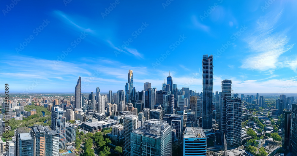 Fototapeta premium Aerial View of City Skyline and Skyscrapers Under Blue Sky and White Clouds