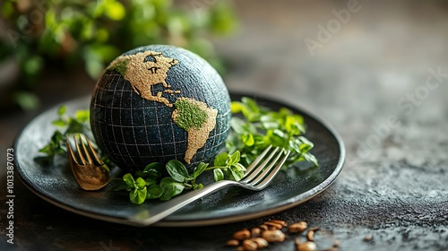 Fototapeta Naklejka Na Ścianę i Meble -  A globe sits on a plate with a fork, representing the idea of consuming the Earth's resources.