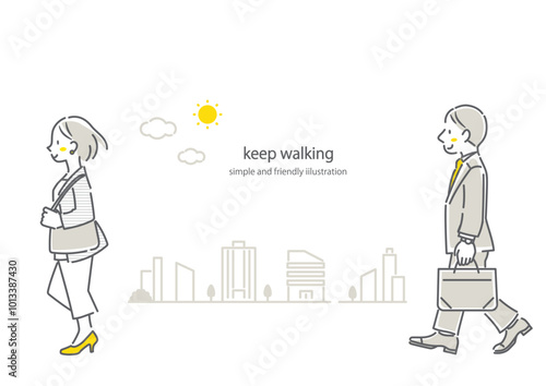 ビジネスパーソンとオフィス街　シンプルでお洒落な線画イラスト　