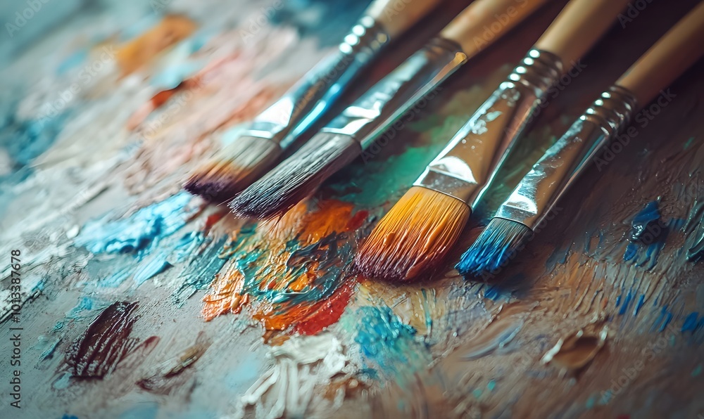 Fototapeta premium paint brushes with traces of colorful paint, Generative AI 