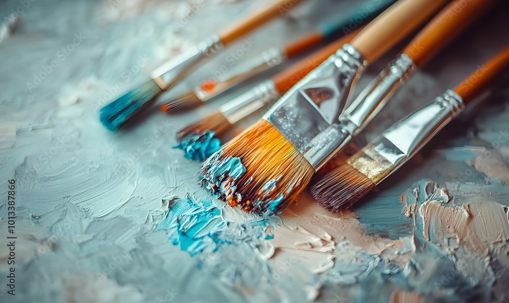 Fototapeta premium paint brushes with traces of colorful paint, Generative AI 