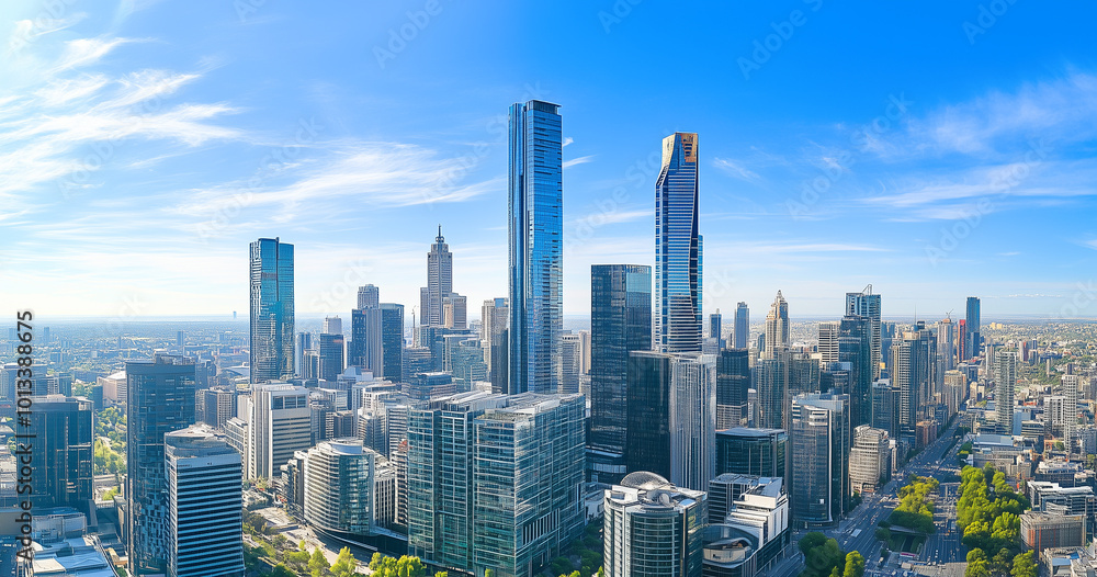 Obraz premium Aerial View of City Skyline and Skyscrapers Under Blue Sky and White Clouds