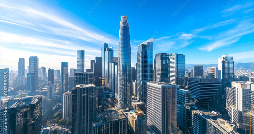 Fototapeta premium Aerial View of City Skyline and Skyscrapers Under Blue Sky and White Clouds