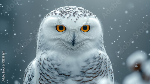 Majestic Snowy Owl with Serene Gaze Perched on Christmas Pine Branch against Wintry Snowfall Background