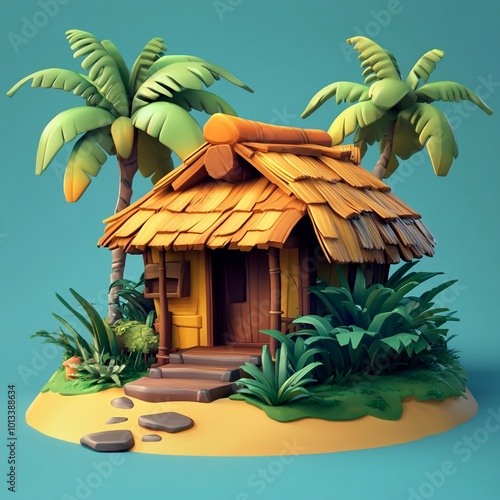 3D Jungle Hut Icon: Shelter in the Heart of the Jungle Illustration Logo photo