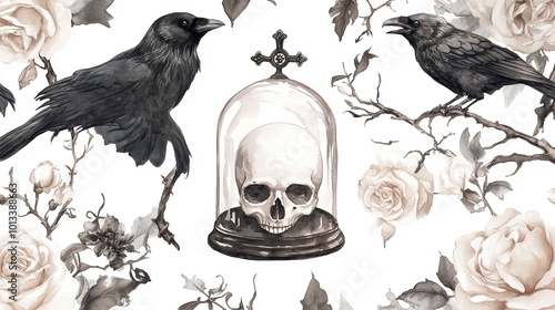 Gothic Watercolor Pattern Featuring Skulls, Black Ravens, Crosses, White Roses, Vintage Glass Domes, and Branches – Perfect for Halloween and Day of the Dead Textile and Packaging Designs