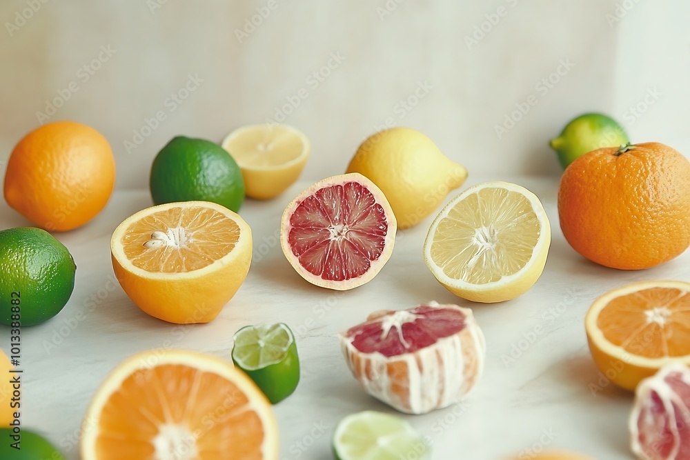 a Collection of Assorted Citrus Fruits Including Oranges, Lemons, and Limes, with Sliced Fruits Displaying Their Juicy Interiors on a Light-Colored Surface Highlighting Their Vibrant Colors a Collection of Assorted Citrus Fruits Including Oranges, Lemons, and Limes, with Sliced Fruits Displaying Their Juicy Interiors on a Light-Colored Surface Highlighting Their Vibrant Colors
