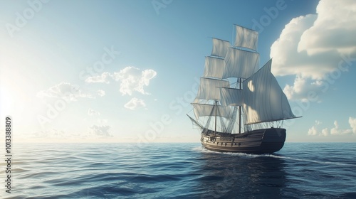 Big ship in ocean with blue sky and clouds