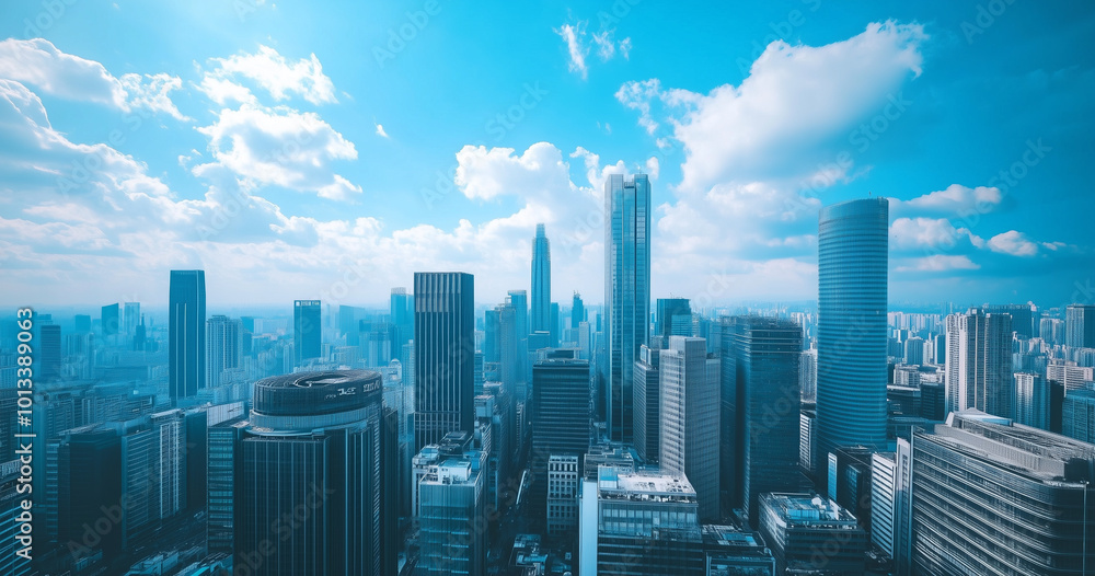Obraz premium Aerial View of City Skyline and Skyscrapers Under Blue Sky and White Clouds