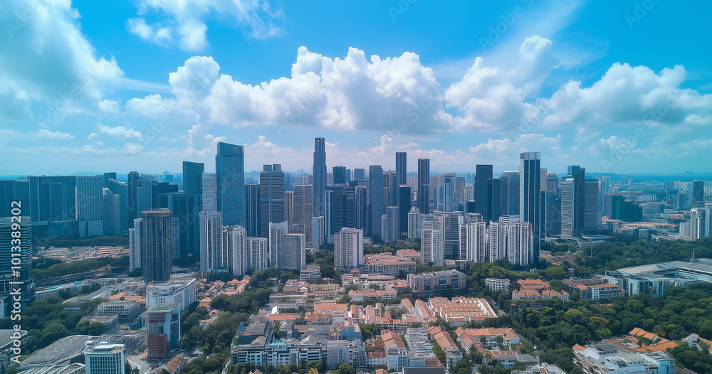Fototapeta premium Aerial View of City Skyline and Skyscrapers Under Blue Sky and White Clouds