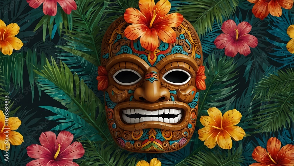Colorful Polynesian Tiki mask with tropical flowers against palm leaves. Colorful Polynesian Tiki mask with tropical flowers against palm leaves.