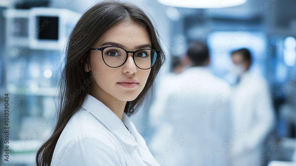 Portrait a beautiful young woman wearing a white coat and glasses in a modern Medical Science Laboratory with a team of specialists in the background. Portrait of a confident scientist working. Portrait a beautiful young woman wearing a white coat and glasses in a modern Medical Science Laboratory with a team of specialists in the background. Portrait of a confident scientist working.