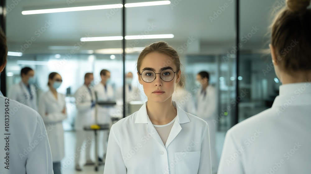 Portrait a beautiful young woman wearing a white coat and glasses in a modern Medical Science Laboratory with a team of specialists in the background. Portrait of a confident scientist working. Portrait a beautiful young woman wearing a white coat and glasses in a modern Medical Science Laboratory with a team of specialists in the background. Portrait of a confident scientist working.