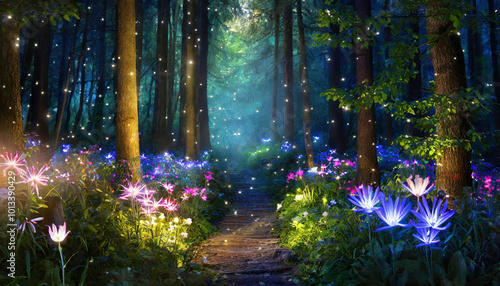 Enchanted forest path with glowing flowers