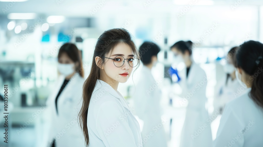 Portrait a beautiful young woman wearing a white coat and glasses in a modern Medical Science Laboratory with a team of specialists in the background. Portrait of a confident scientist working. Portrait a beautiful young woman wearing a white coat and glasses in a modern Medical Science Laboratory with a team of specialists in the background. Portrait of a confident scientist working.