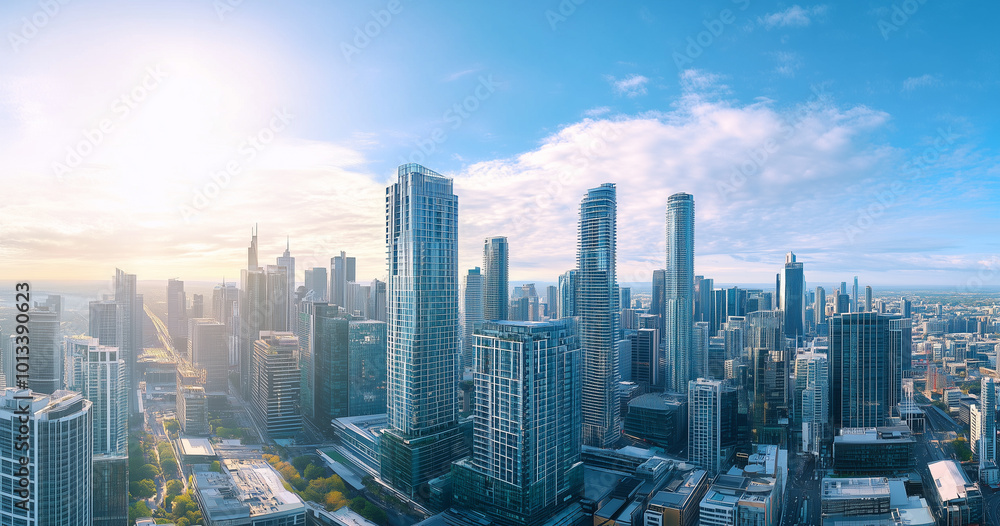 Fototapeta premium Aerial View of City Skyline and Skyscrapers Under Blue Sky and White Clouds