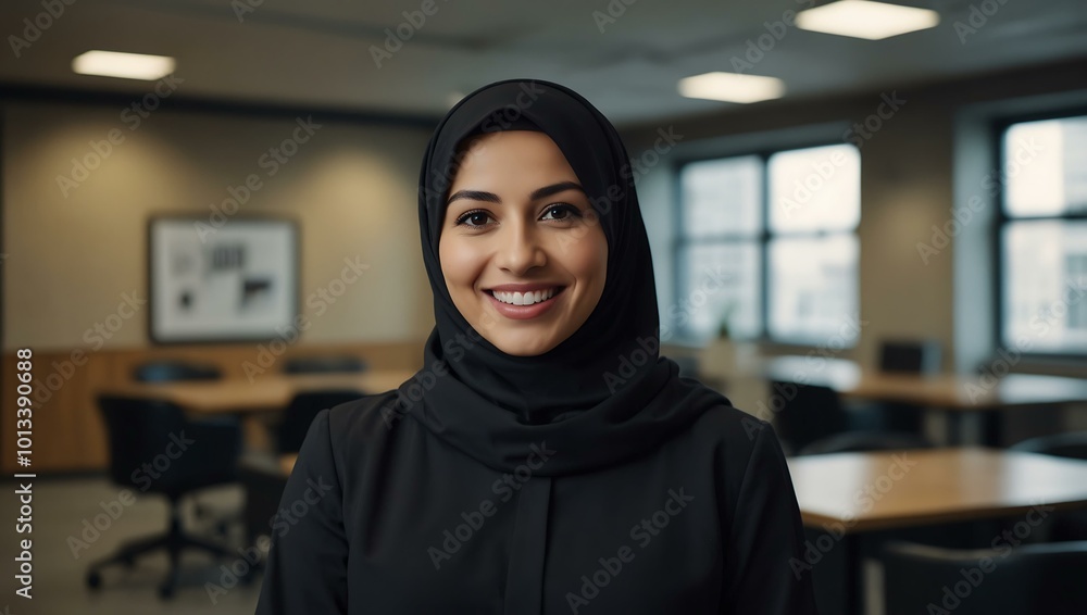 Confident Muslim businesswoman smiling at the camera in a modern office. Confident Muslim businesswoman smiling at the camera in a modern office.