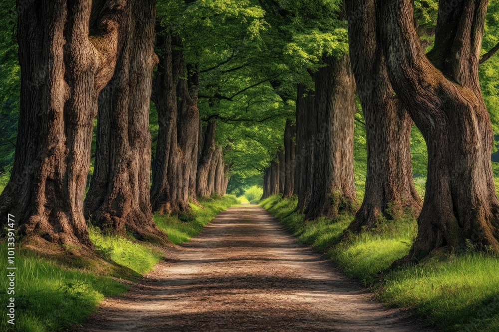 Obraz premium A tranquil forest path lined with tall, ancient trees, leading deeper into the heart of the green wilderness.