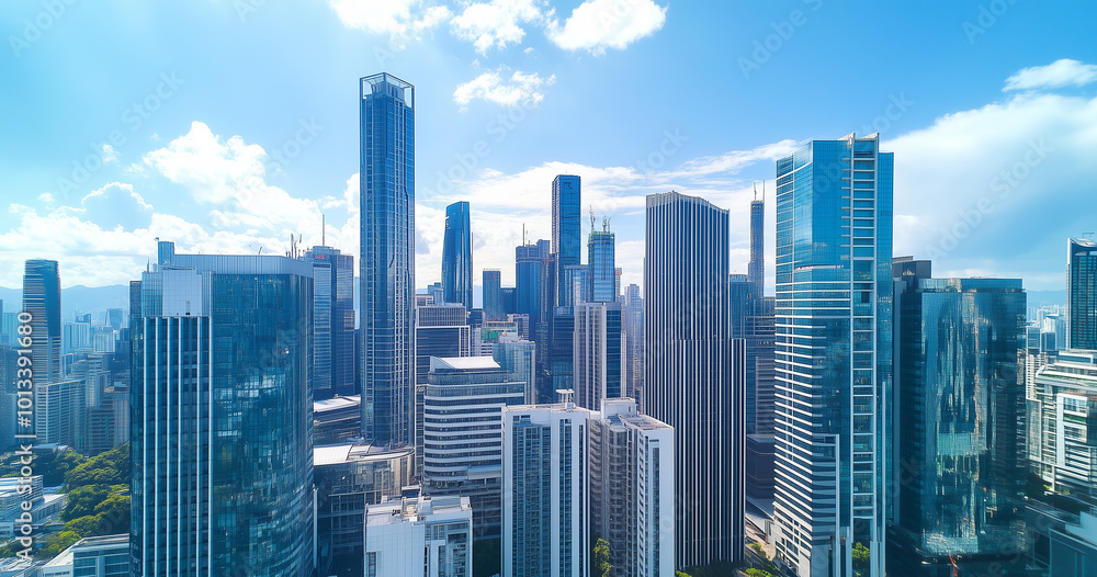 Obraz premium Aerial View of City Skyline and Skyscrapers Under Blue Sky and White Clouds