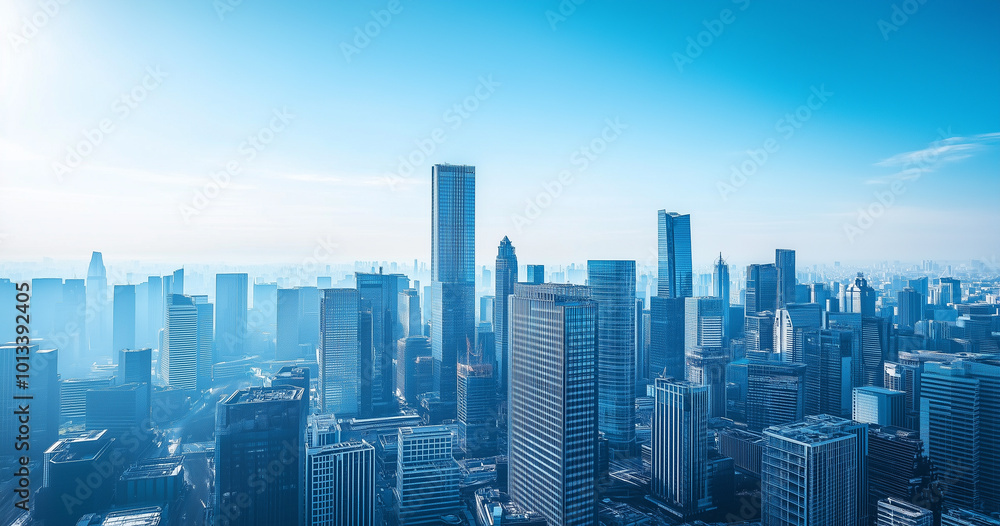 Obraz premium Aerial View of City Skyline and Skyscrapers Under Blue Sky and White Clouds
