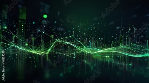 Network, connection and digital transformation for electronic database with bokeh effect. Abstract background of speed, light and neon green pattern for cloud computing and code 