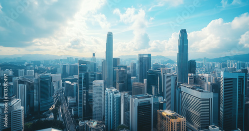 Wallpaper Mural Aerial View of City Skyline and Skyscrapers Under Blue Sky and White Clouds Torontodigital.ca