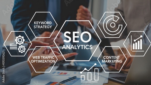 Hands discussing SEO strategies with analytics in the foreground, white isolate background