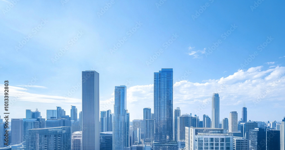 Fototapeta premium Aerial View of City Skyline and Skyscrapers Under Blue Sky and White Clouds