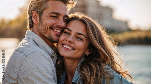 Romantic casual attire couple smiling and cuddling hugging on a sunny day background. Happy relationship love concept